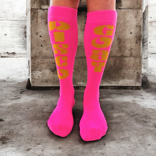 Pink thermal ski socks  –  bold cushioned unisex winter socks by Disco Goat.