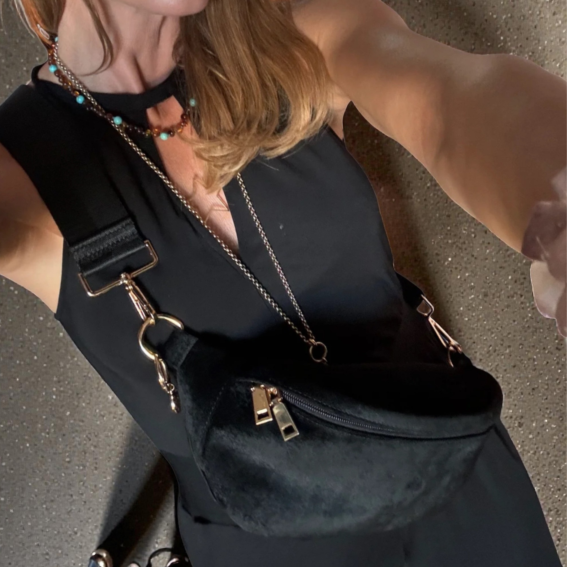 Black velvet crossbody active bag with protective plastic membrane and gold hardware – Disco Goat.